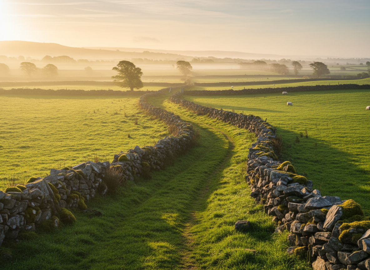 Peaceful Irish countryside path at golden hour winding through emerald fields lined with old stone walls.