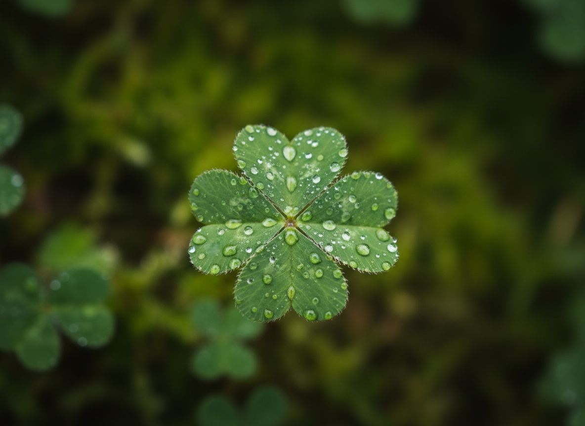 A single delicate green shamrock clover leaf with dew drops against a soft blurred mossy green background.